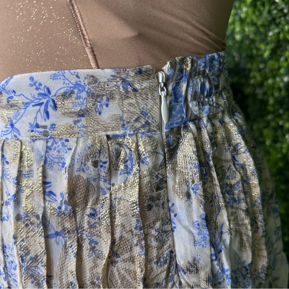 Soft‎ Surroundings silk blend blue paisley metalic gold Pleated Midi Skirt NWOT - Picture 3 of 13